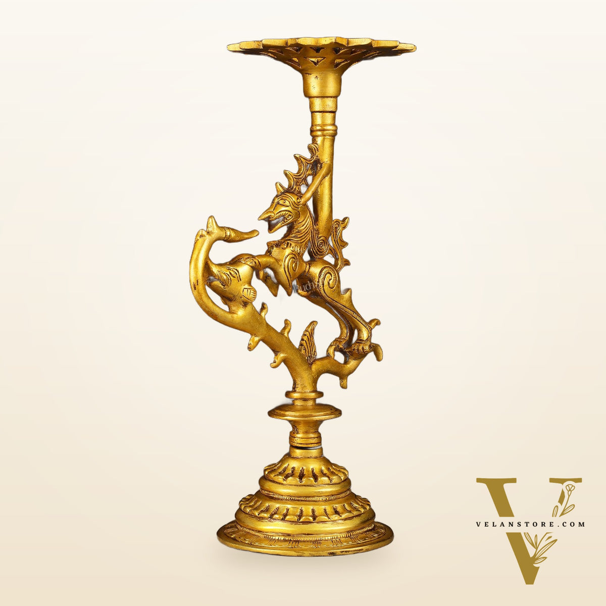 Pure Brass Yali Candle Holder 9"