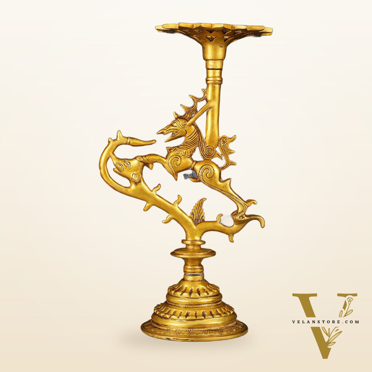 Pure Brass Yali Candle Holder 9"