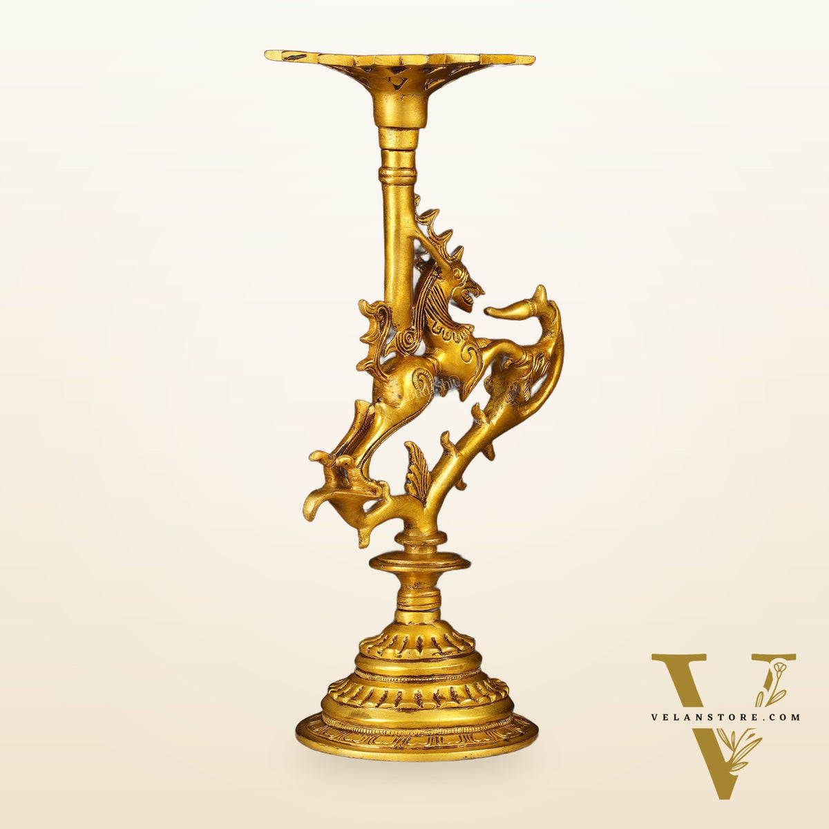 Pure Brass Yali Candle Holder 9"