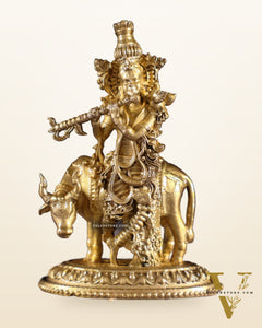 Pure Bronze Krishna with Cow Idol | 3.5" (8.9 cm) Panchaloha