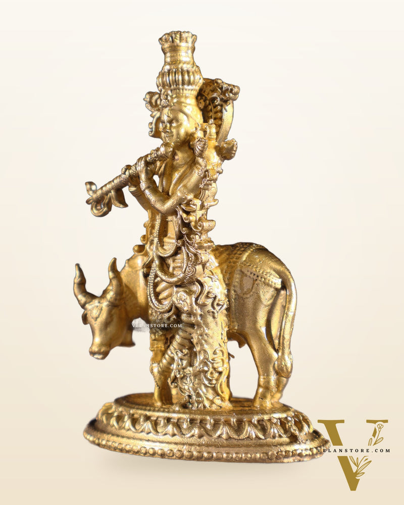 Pure Bronze Krishna with Cow Idol | 3.5" (8.9 cm) Panchaloha