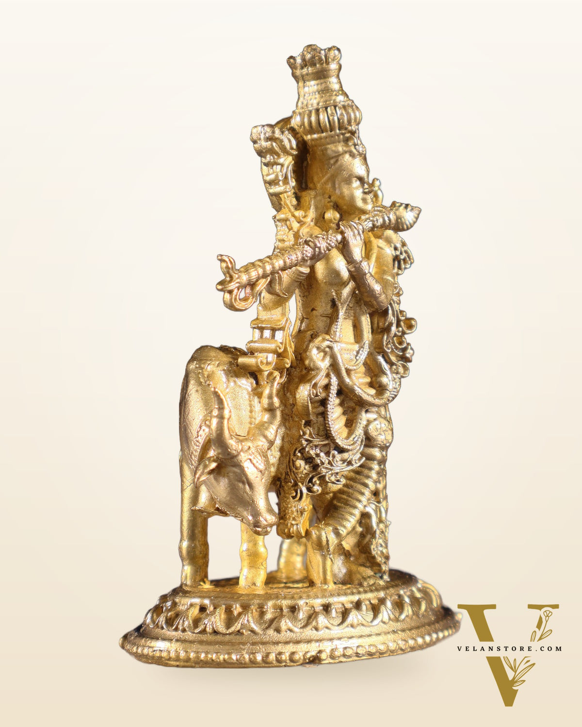 Pure Bronze Krishna with Cow Idol | 3.5" (8.9 cm) Panchaloha