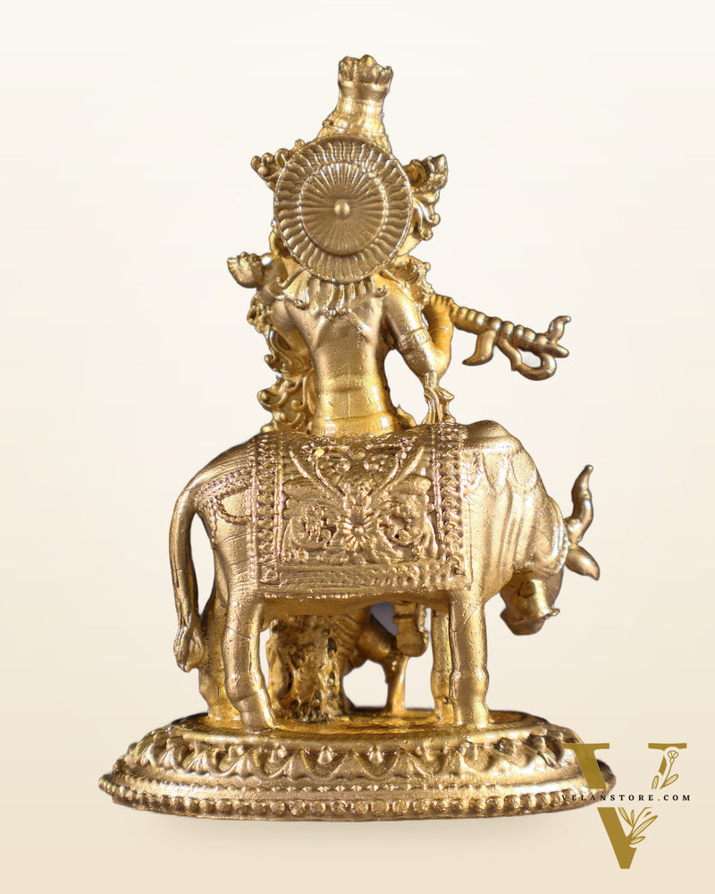 Pure Bronze Krishna with Cow Idol | 3.5" (8.9 cm) Panchaloha