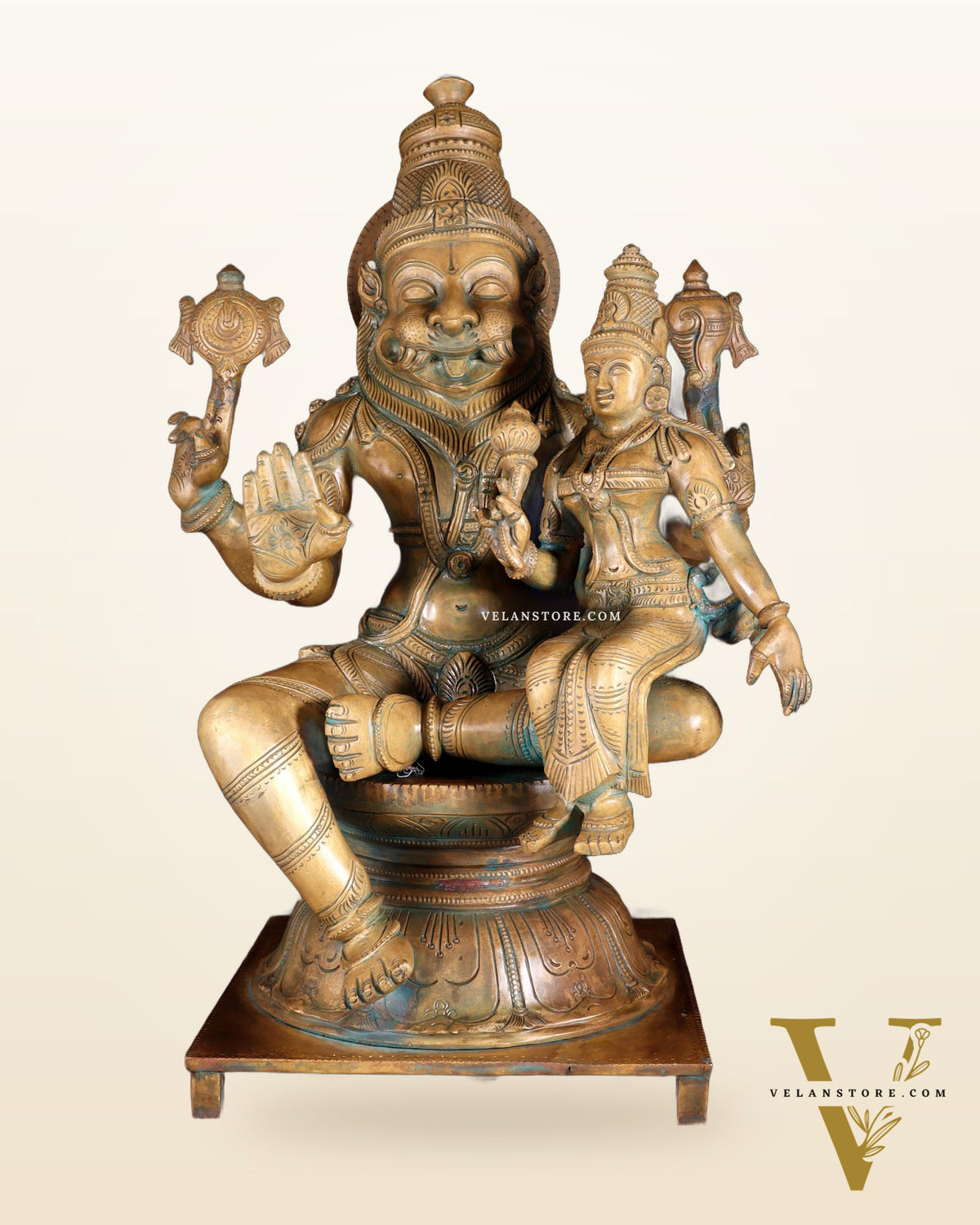 Pure Bronze Narasimha Lakshmi Statue – Vintage Chola Patina 18.5"