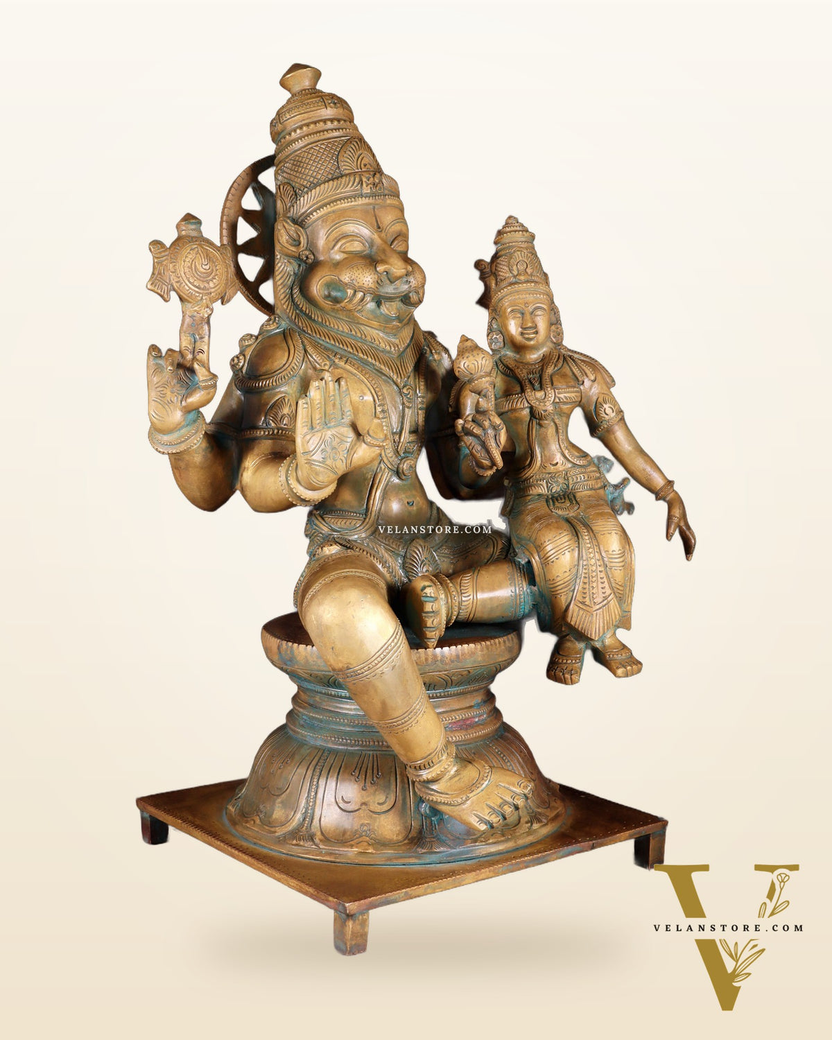 Pure Bronze Narasimha Lakshmi Statue – Vintage Chola Patina 18.5"