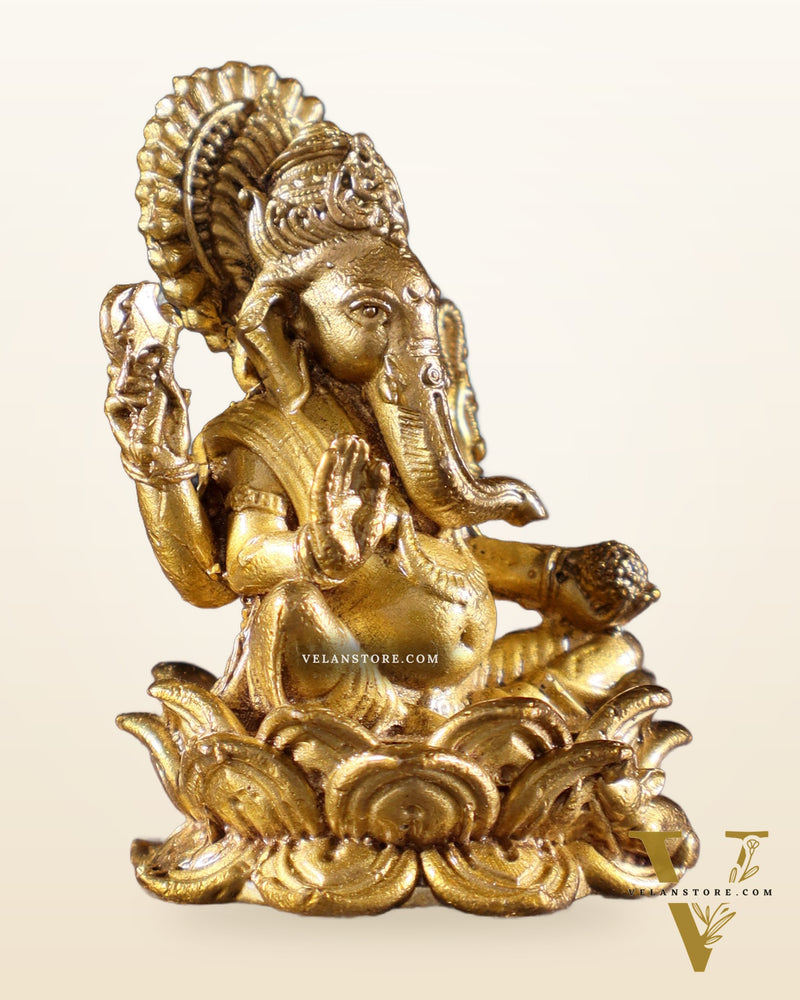 Pure Bronze Panchaloha Miniature Lord Ganesha on Lotus – 1.5"