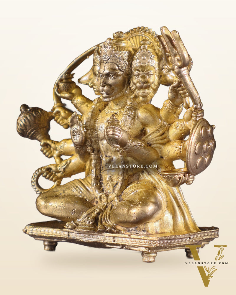 Pure Bronze Panchaloha Panchmukhi Hanuman Idol with Crossed Legs – 2.5"