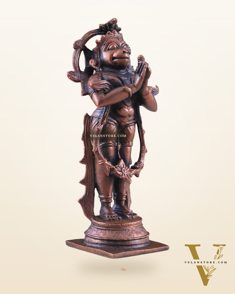 Pure Copper Anjaneya Standing Lord Hanuman in Anjali Namaskar Mudra 6"