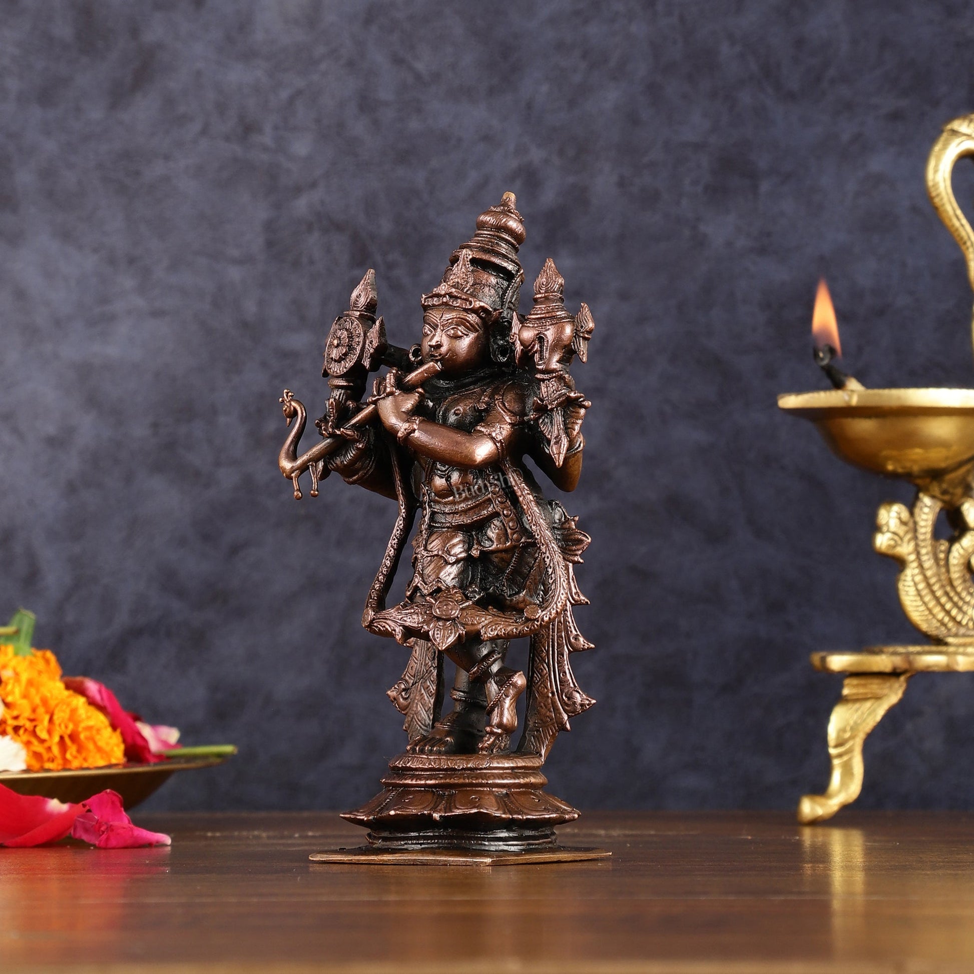 Pure Copper Vishnu roopam Charbhuja Krishna Idol | 6"