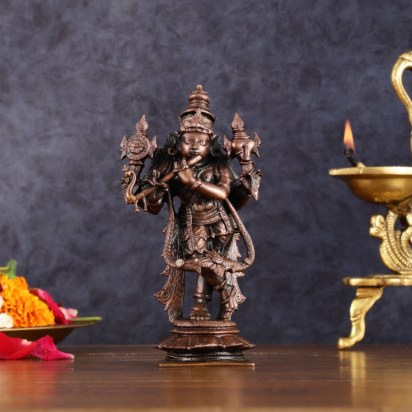Pure Copper Vishnu roopam Charbhuja Krishna Idol | 6"