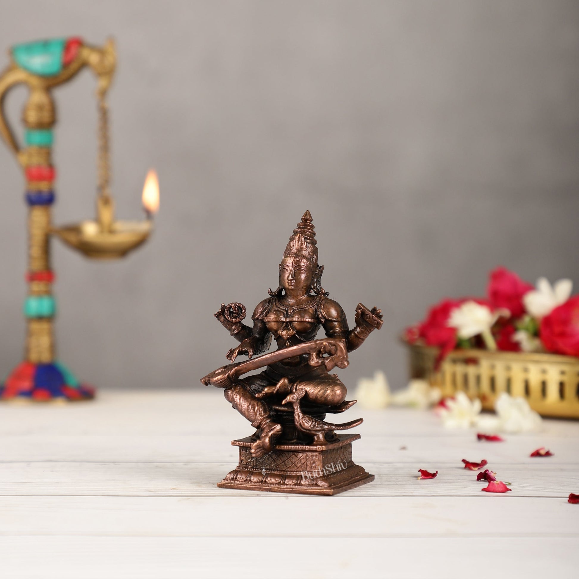 Pure Copper Goddess Saraswati Idol 4.5 inch | BudhShiv Brass Handicrafts