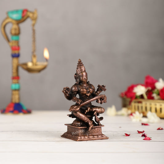 Pure Copper Goddess Saraswati Idol 4.5 inch | BudhShiv Brass Handicrafts