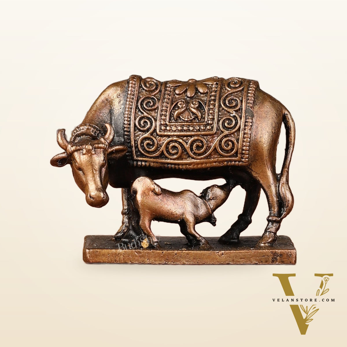 Pure Copper Gomatha Kamdhenu Cow with Calf Idol - 2-inch