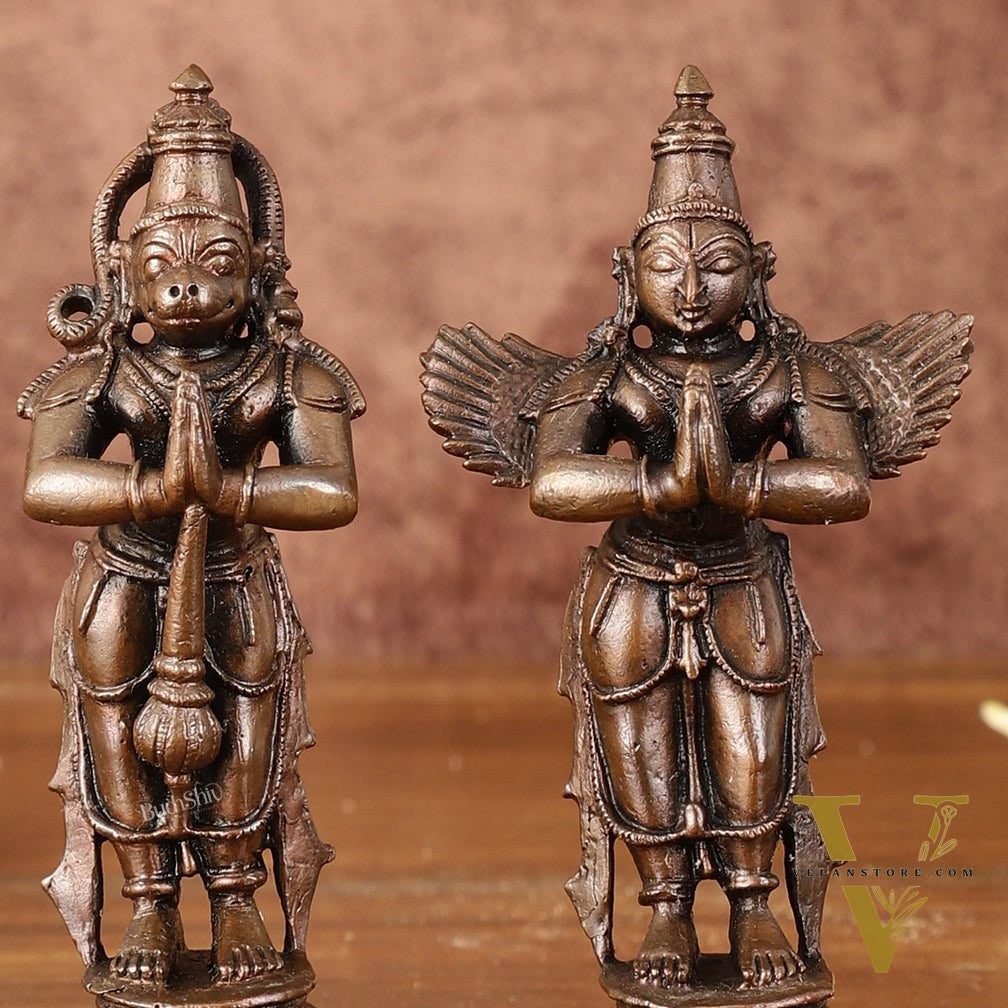 Pure Copper Hanuman Ji and Garuda Dev in Anjali Mudra - 4" Tall