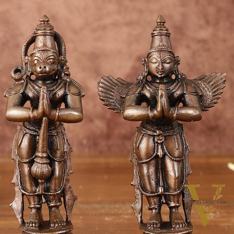 Pure Copper Hanuman Ji and Garuda Dev in Anjali Mudra - 4" Tall