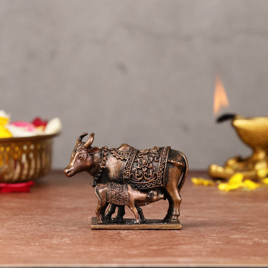 Pure Copper kamdhenu cow Gomatha Vigaraha - with Calf Idol, 2"
