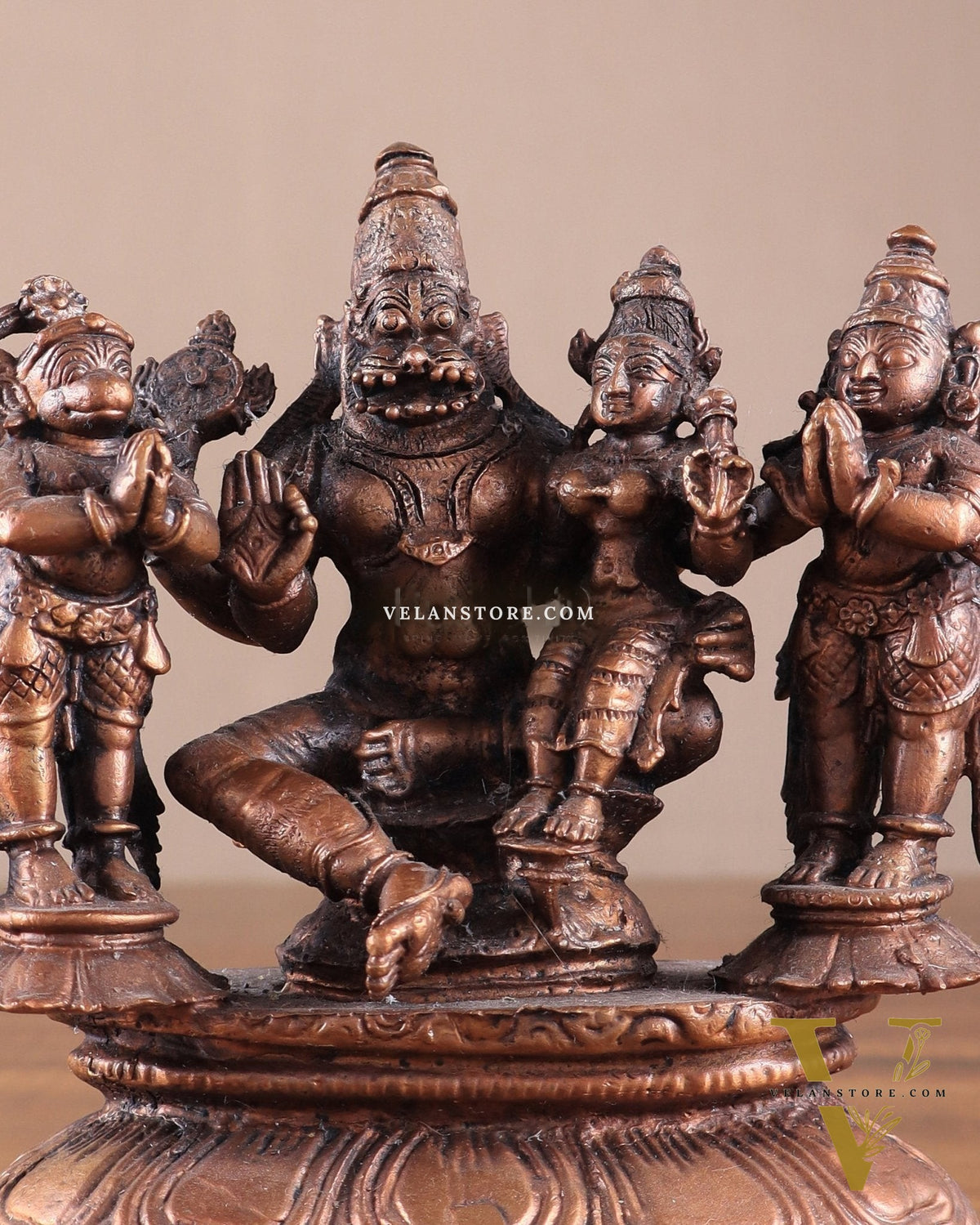 Pure Copper Lakshmi Narasimha Idol with Sheshanaag, Hanuman & Garuda – 6 Inch