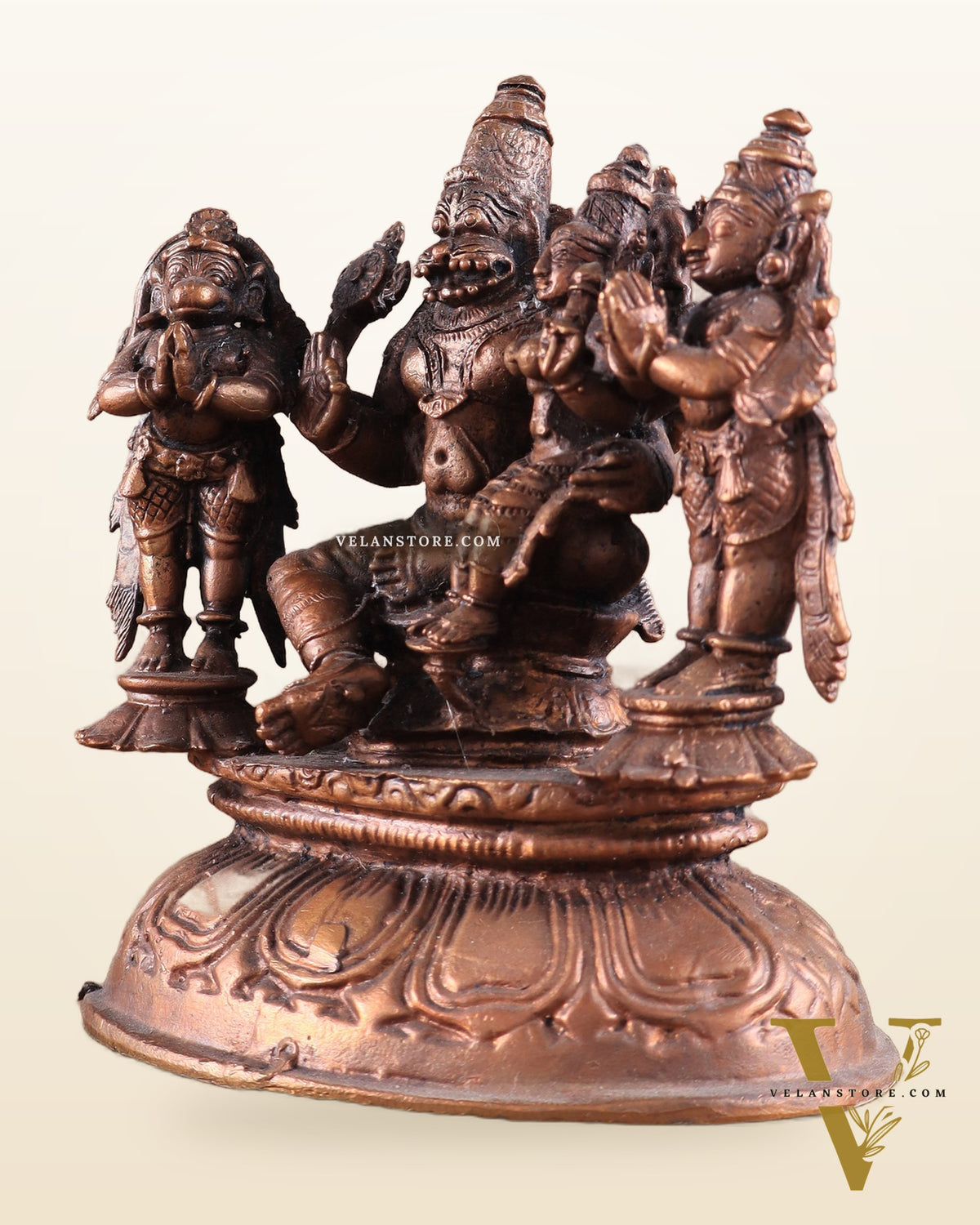 Pure Copper Lakshmi Narasimha Idol with Sheshanaag, Hanuman & Garuda – 6 Inch