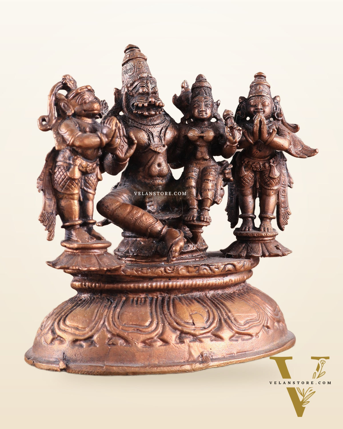 Pure Copper Lakshmi Narasimha Idol with Sheshanaag, Hanuman & Garuda – 6 Inch