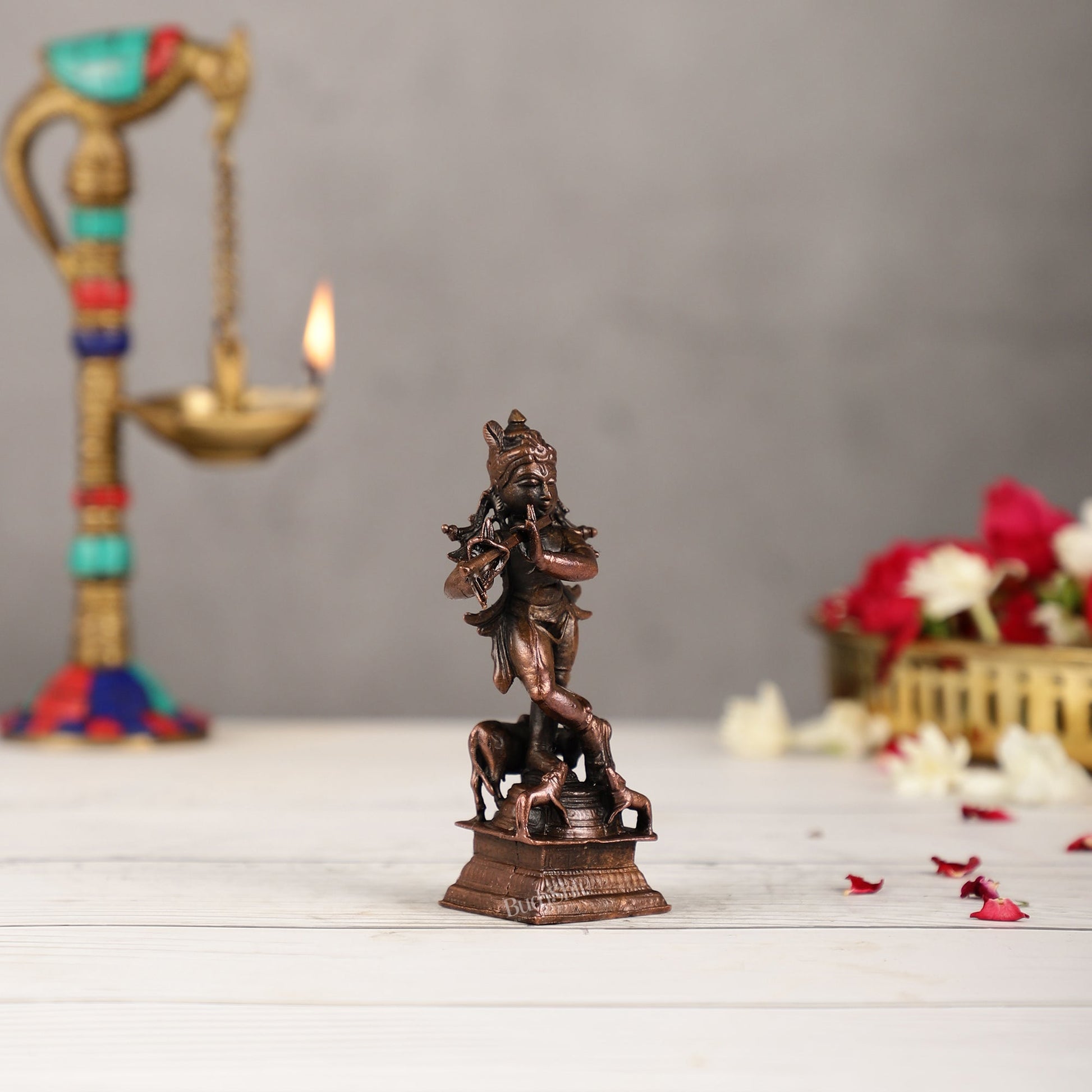 Pure Copper Lord Krishna with Cow Idol | Height 4.5 inch | BudhShiv Brass Handicrafts