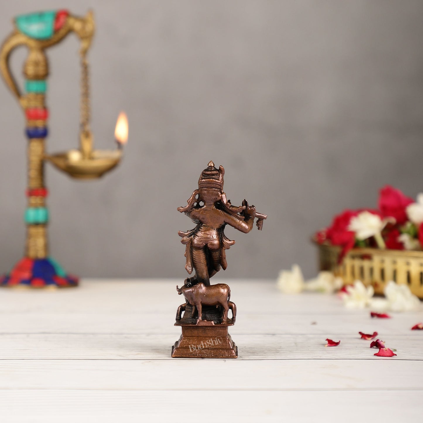 Pure Copper Lord Krishna with Cow Idol | Height 4.5 inch | BudhShiv Brass Handicrafts