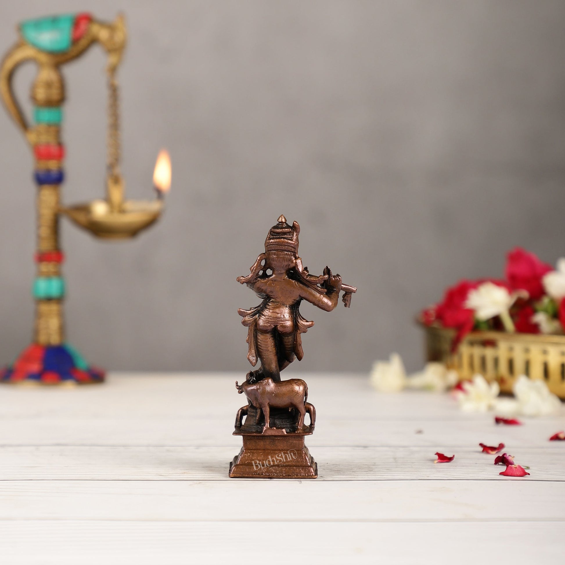 Pure Copper Lord Krishna with Cow Idol | Height 4.5 inch | BudhShiv Brass Handicrafts