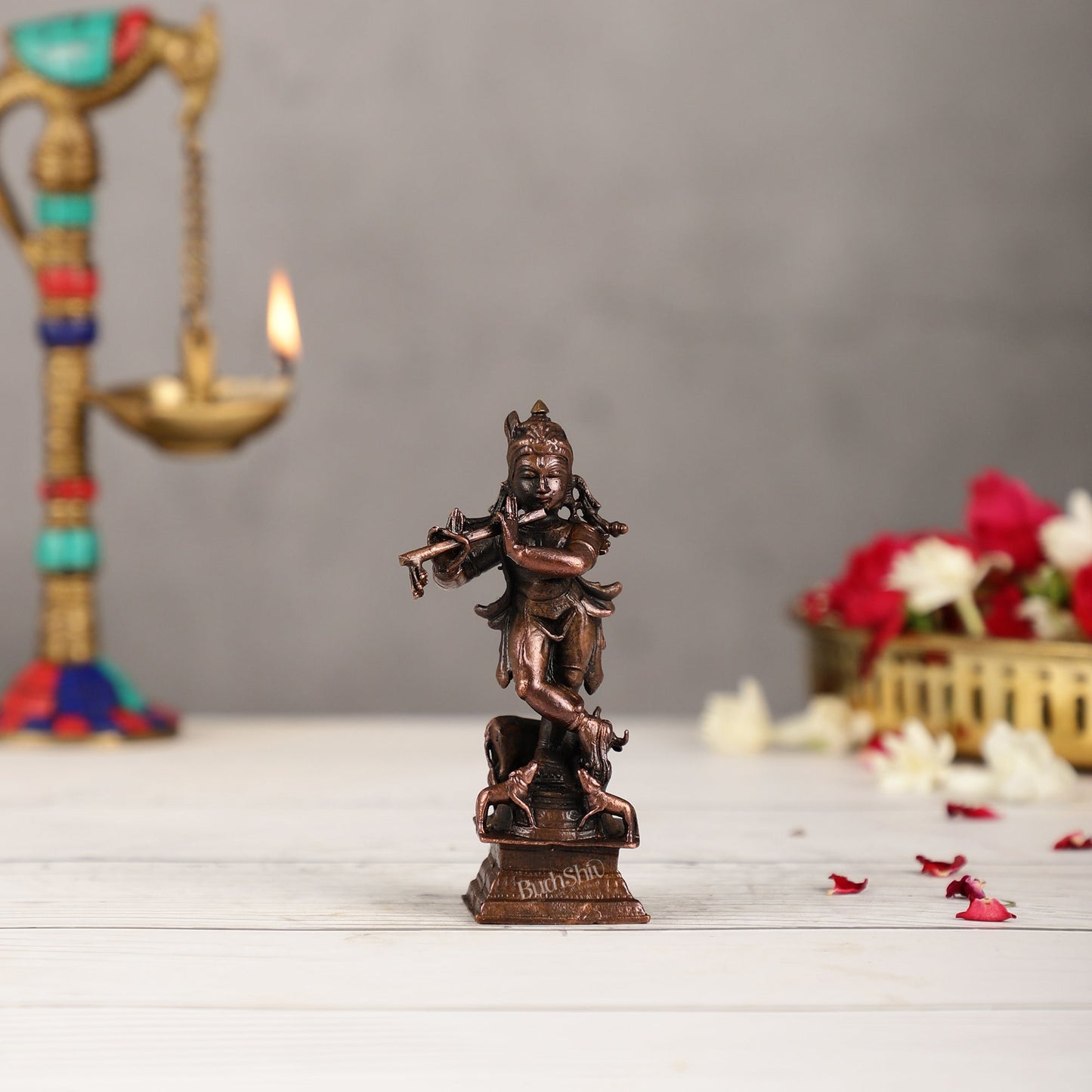Pure Copper Lord Krishna with Cow Idol | Height 4.5 inch | BudhShiv Brass Handicrafts