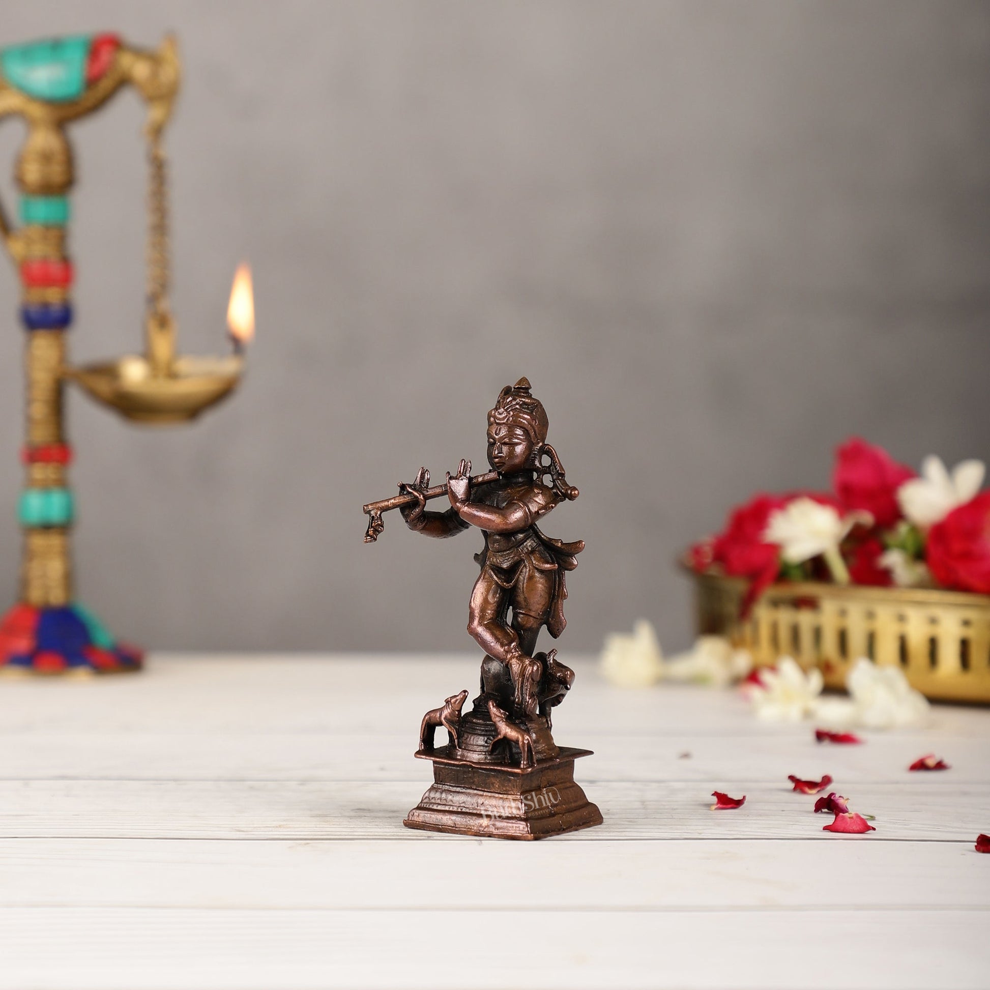 Pure Copper Lord Krishna with Cow Idol | Height 4.5 inch | BudhShiv Brass Handicrafts