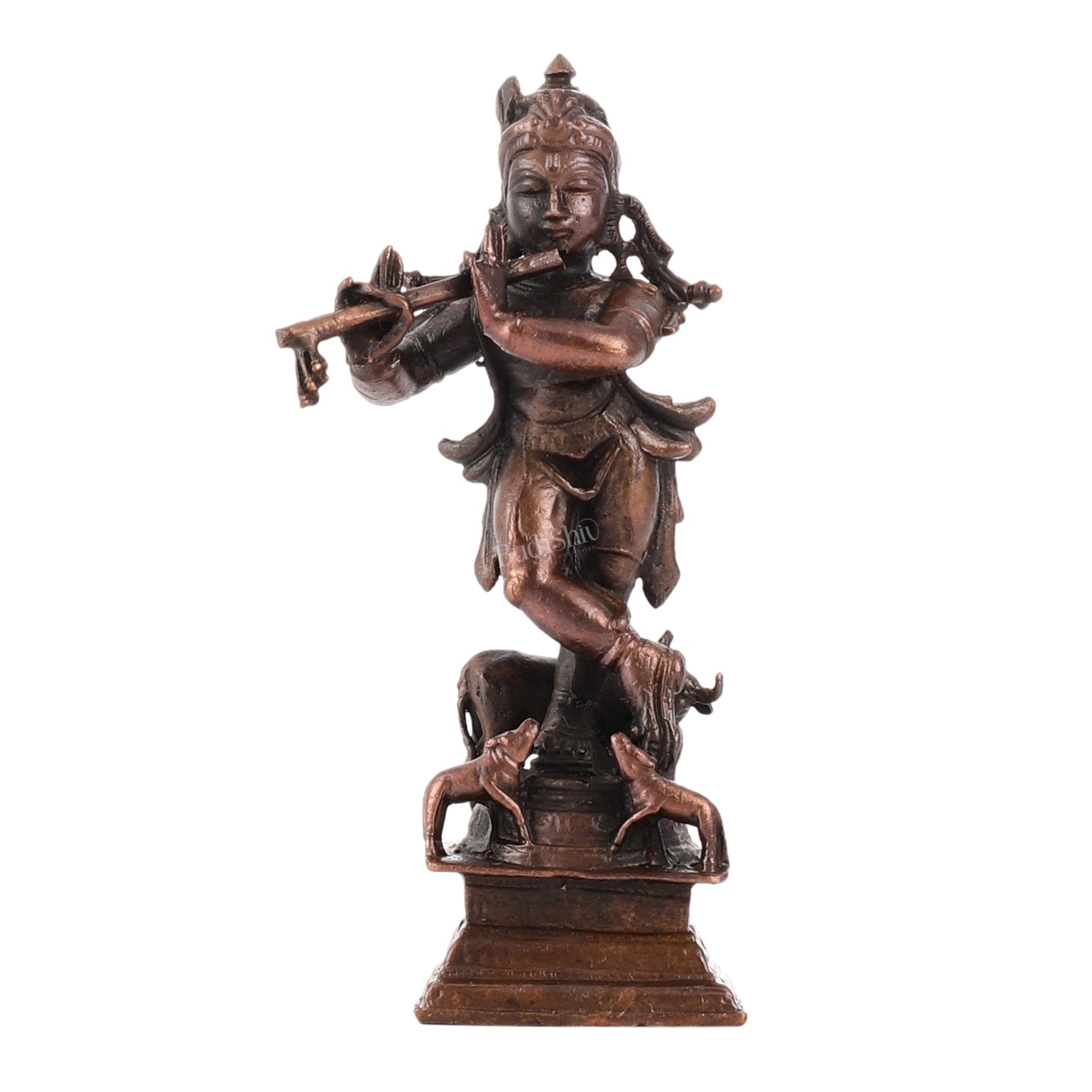 Pure Copper Lord Krishna with Cow Idol | Height 4.5 inch | BudhShiv Brass Handicrafts