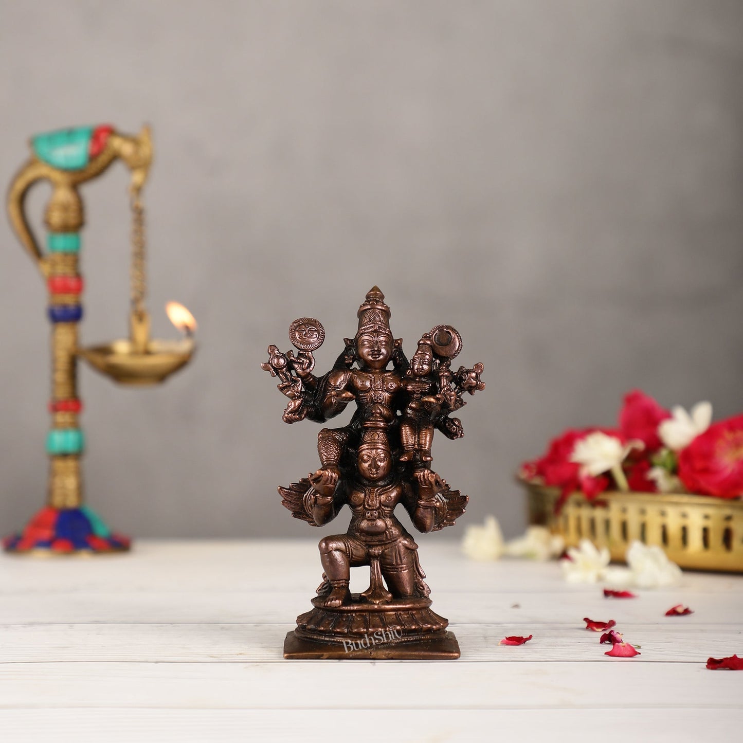 Pure Copper Lord Vishnu and Goddess Lakshmi Seated on Garuda Idol | 5 inch
