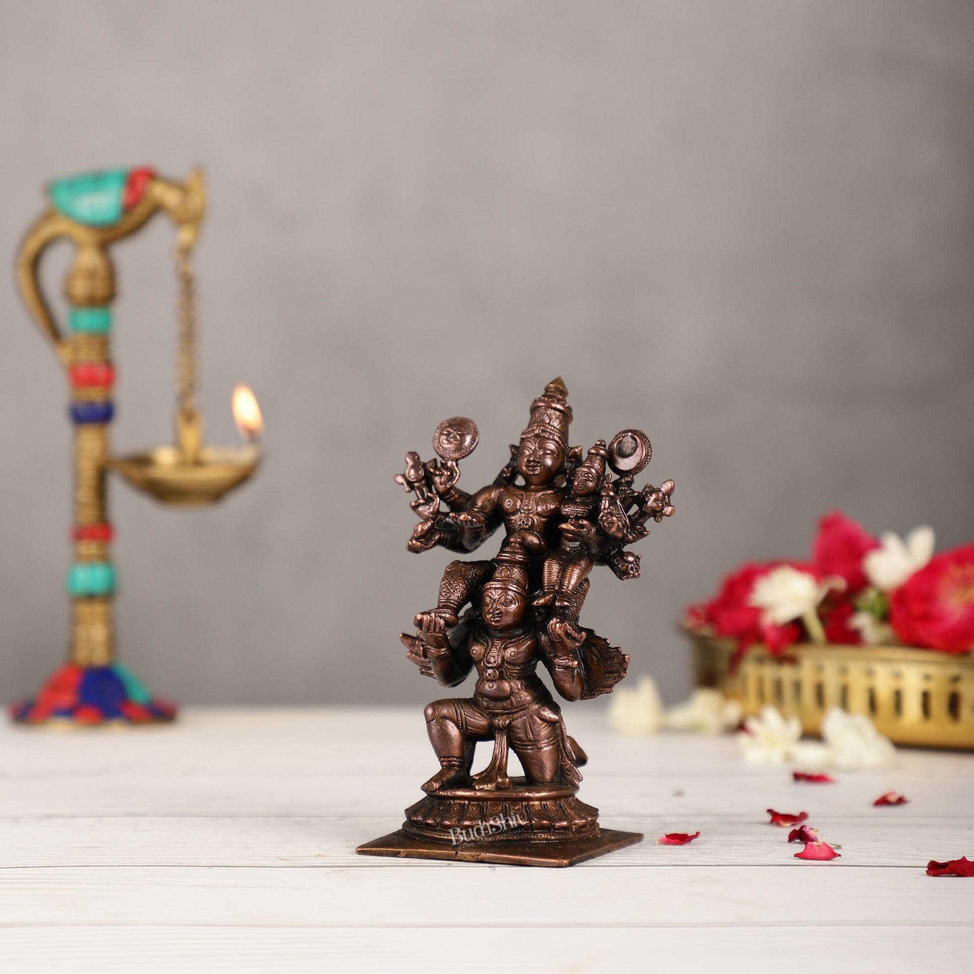Pure Copper Lord Vishnu and Goddess Lakshmi Seated on Garuda Idol | 5 inch