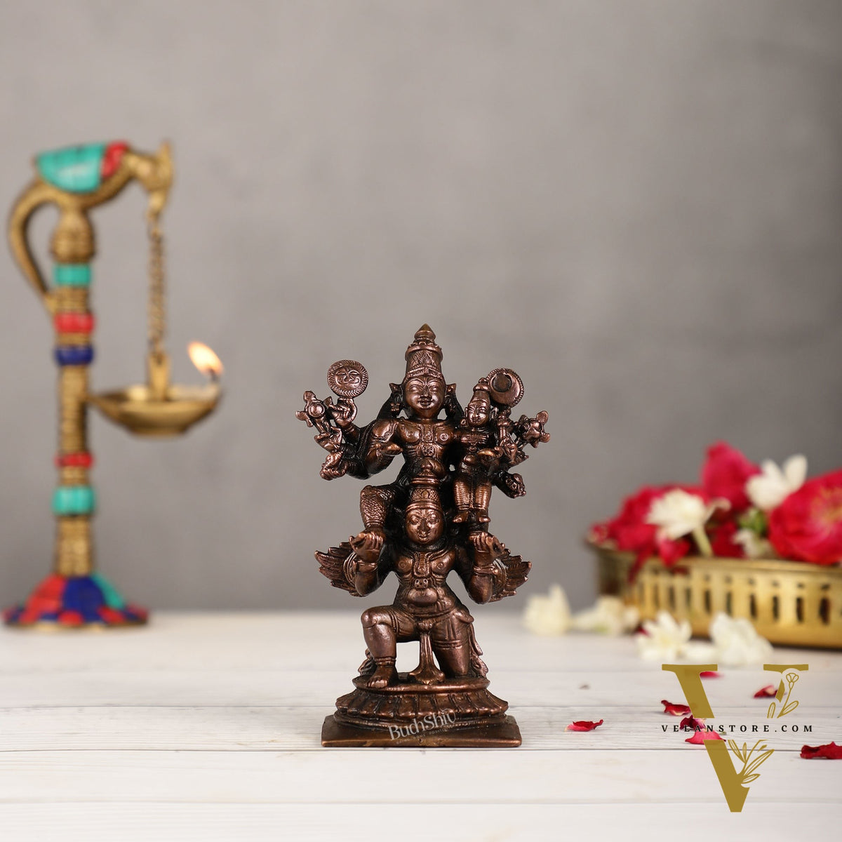 Pure Copper Lord Vishnu and Goddess Lakshmi Seated on Garuda Idol | 5 inch