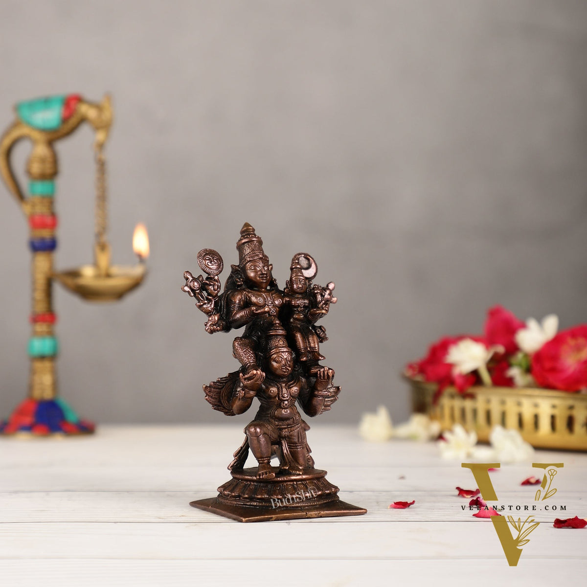 Pure Copper Lord Vishnu and Goddess Lakshmi Seated on Garuda Idol | 5 inch