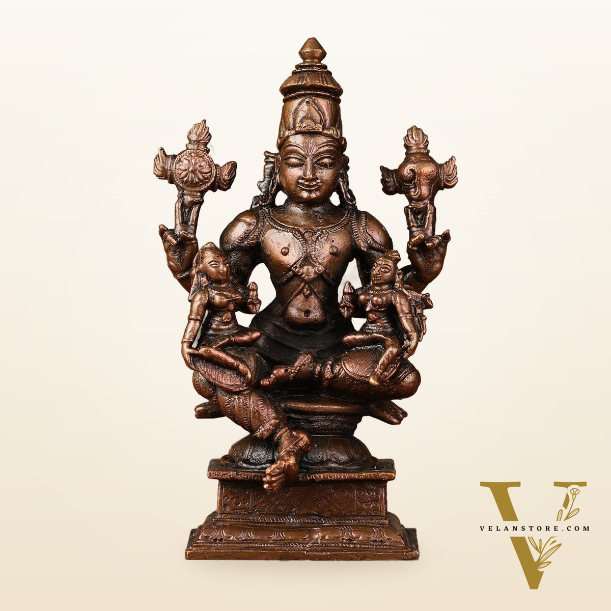 Pure Copper Lord Vishnu with Bhoodevi and Sridevi Idol - 4.5-inch