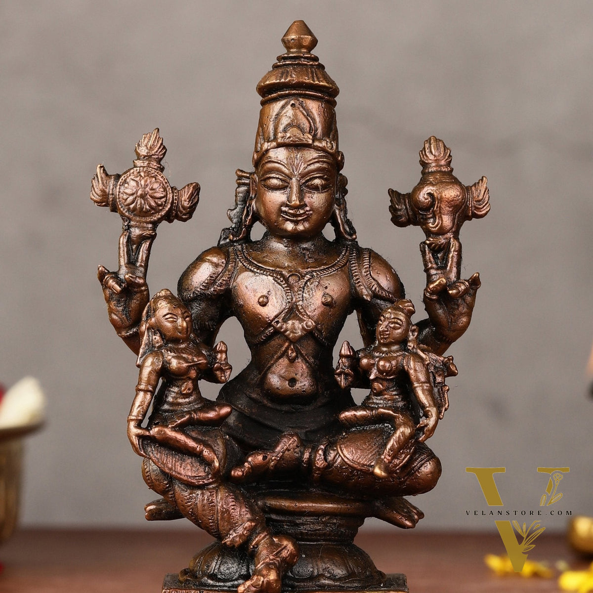 Pure Copper Lord Vishnu with Bhoodevi and Sridevi Idol - 4.5-inch