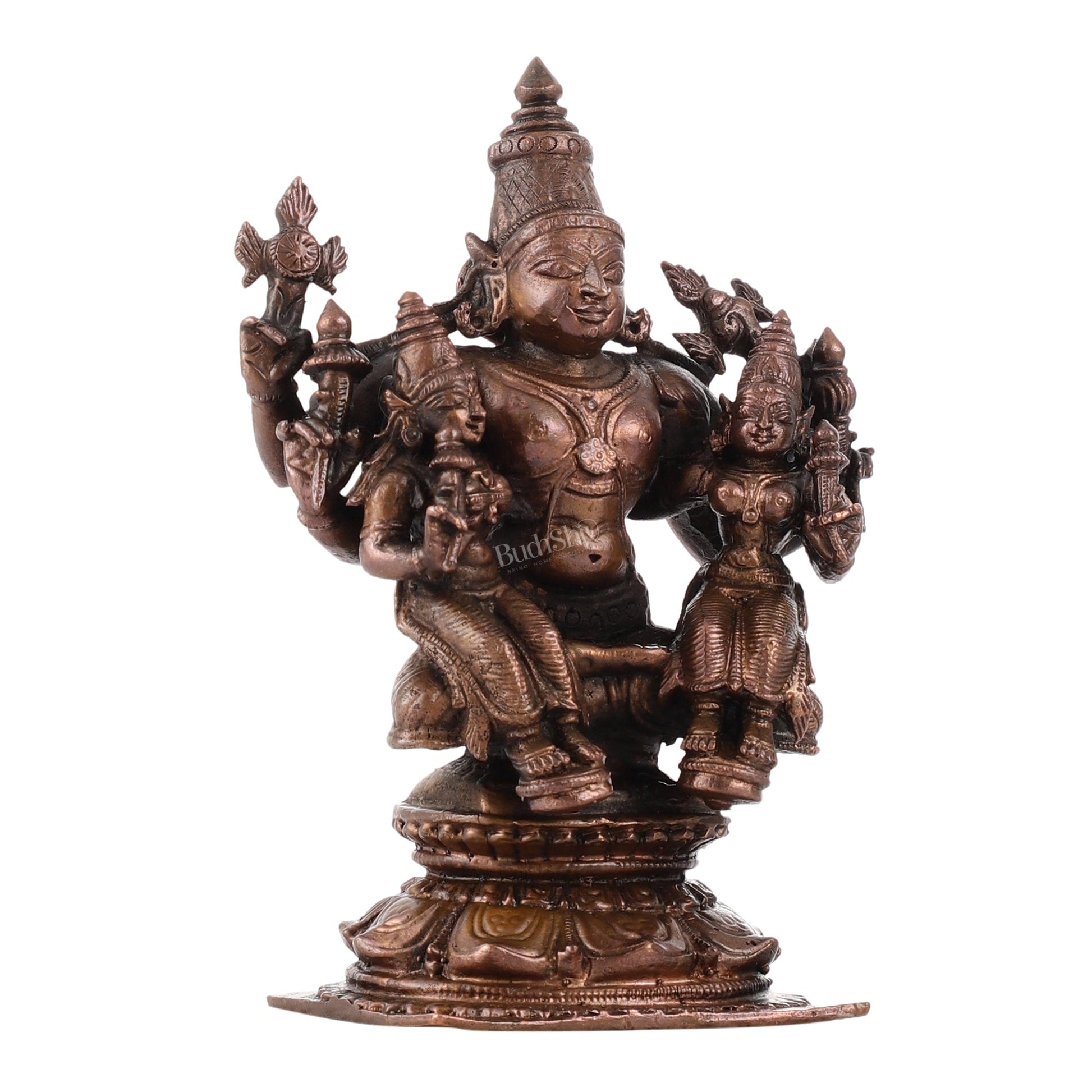 Pure Copper Lord Vishnu with Bhudevi and Sridevi Idol | Height 5 inch
