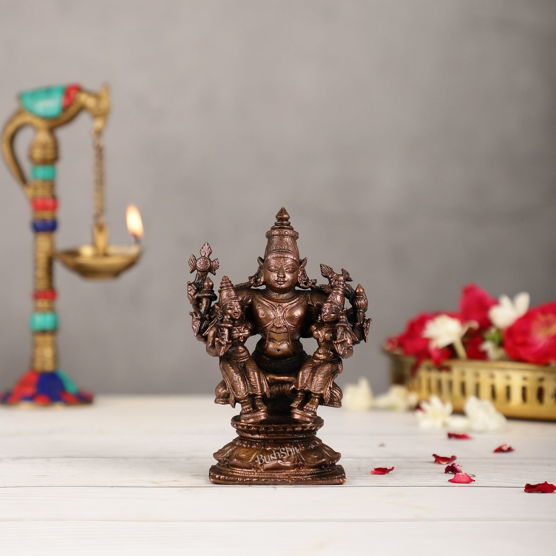 Pure Copper Lord Vishnu with Bhudevi and Sridevi Idol | Height 5 inch