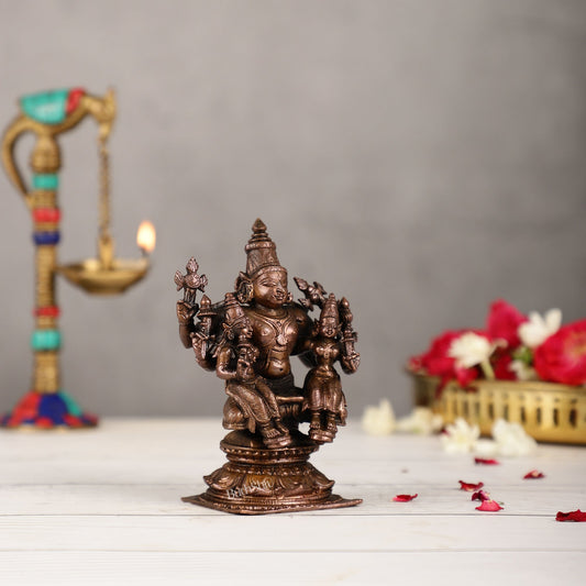 Pure Copper Lord Vishnu with Bhudevi and Sridevi Idol | Height 5 inch