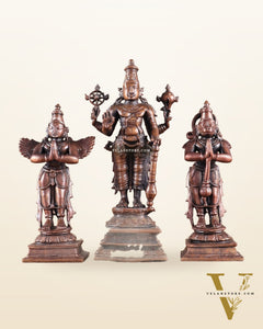 Pure Copper Lord Vishnu with Hanuman & Garuda Idol Set 5.5"