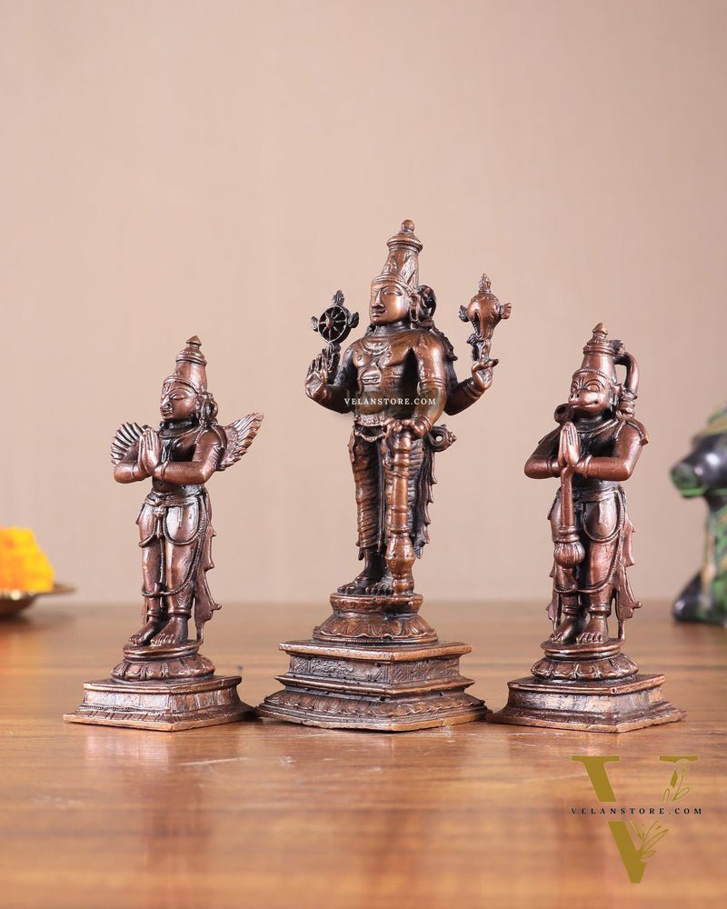 Pure Copper Lord Vishnu with Hanuman & Garuda Idol Set 5.5"