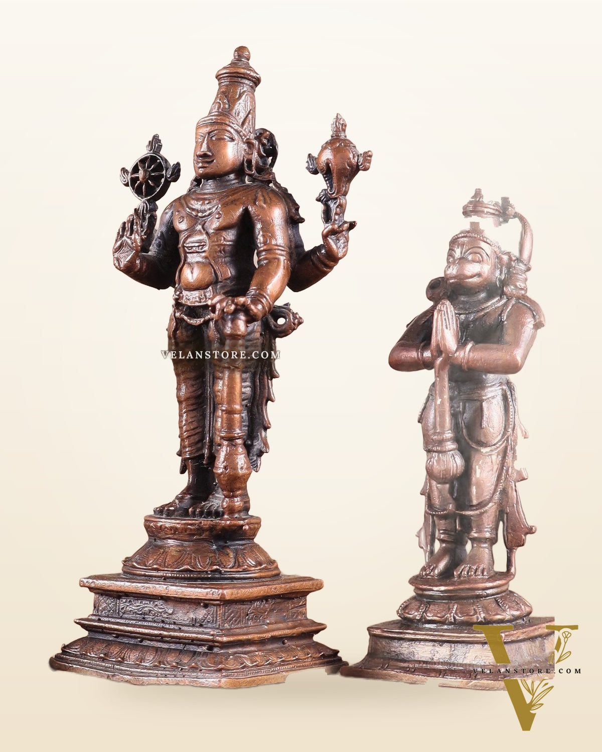 Pure Copper Lord Vishnu with Hanuman & Garuda Idol Set 5.5"