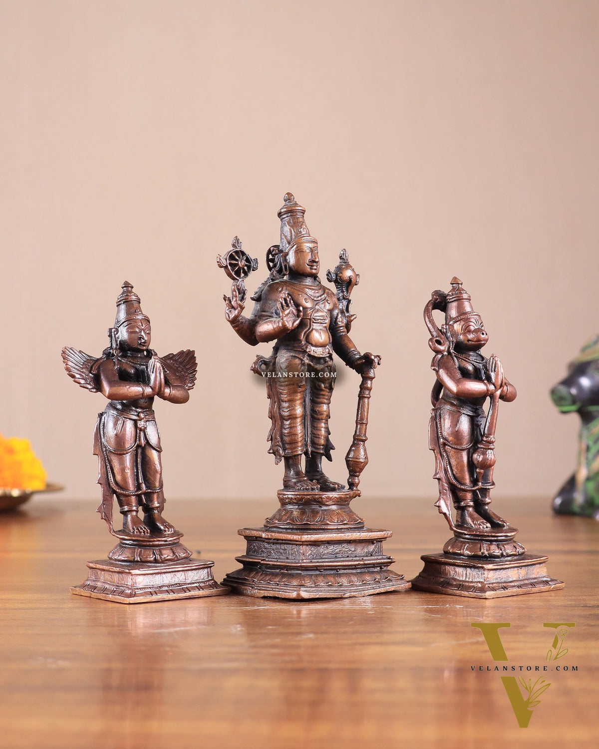 Pure Copper Lord Vishnu with Hanuman & Garuda Idol Set 5.5"