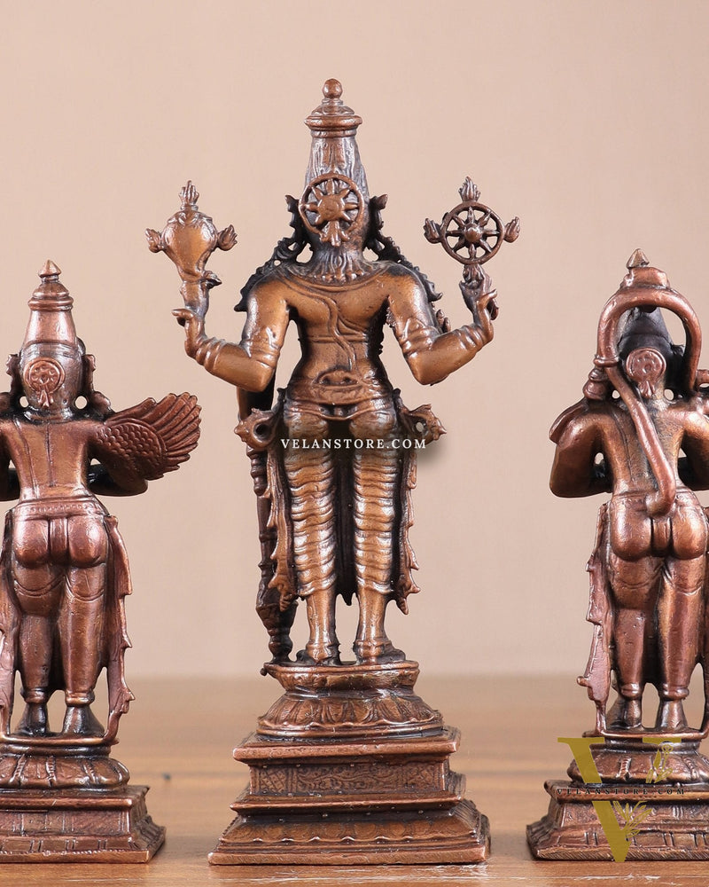 Pure Copper Lord Vishnu with Hanuman & Garuda Idol Set 5.5"