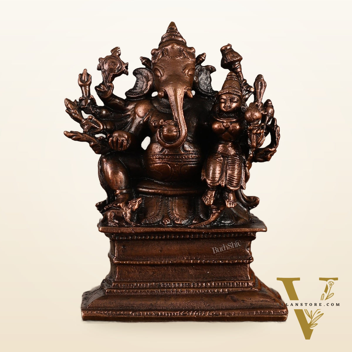 Pure copper Maha Ganapati Seated with Riddhi Idol - 3.5"