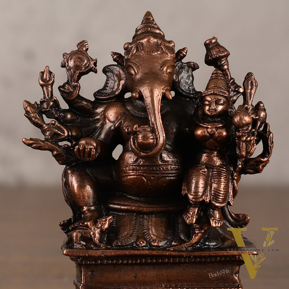 Pure copper Maha Ganapati Seated with Riddhi Idol - 3.5"