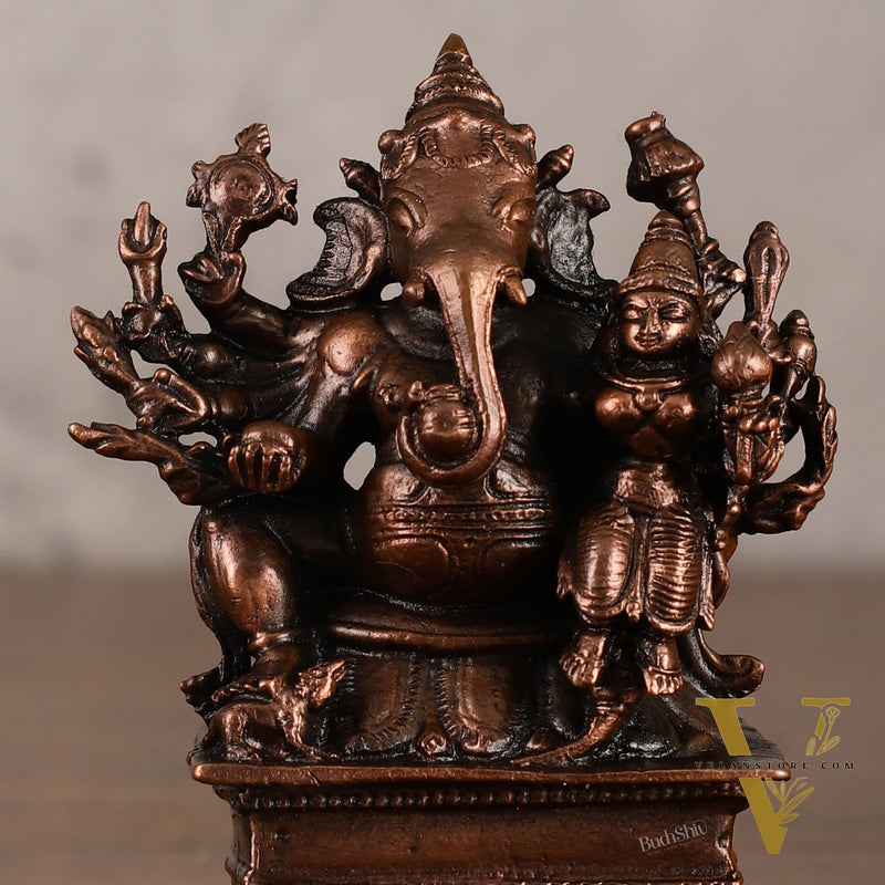 Pure copper Maha Ganapati Seated with Riddhi Idol - 3.5"