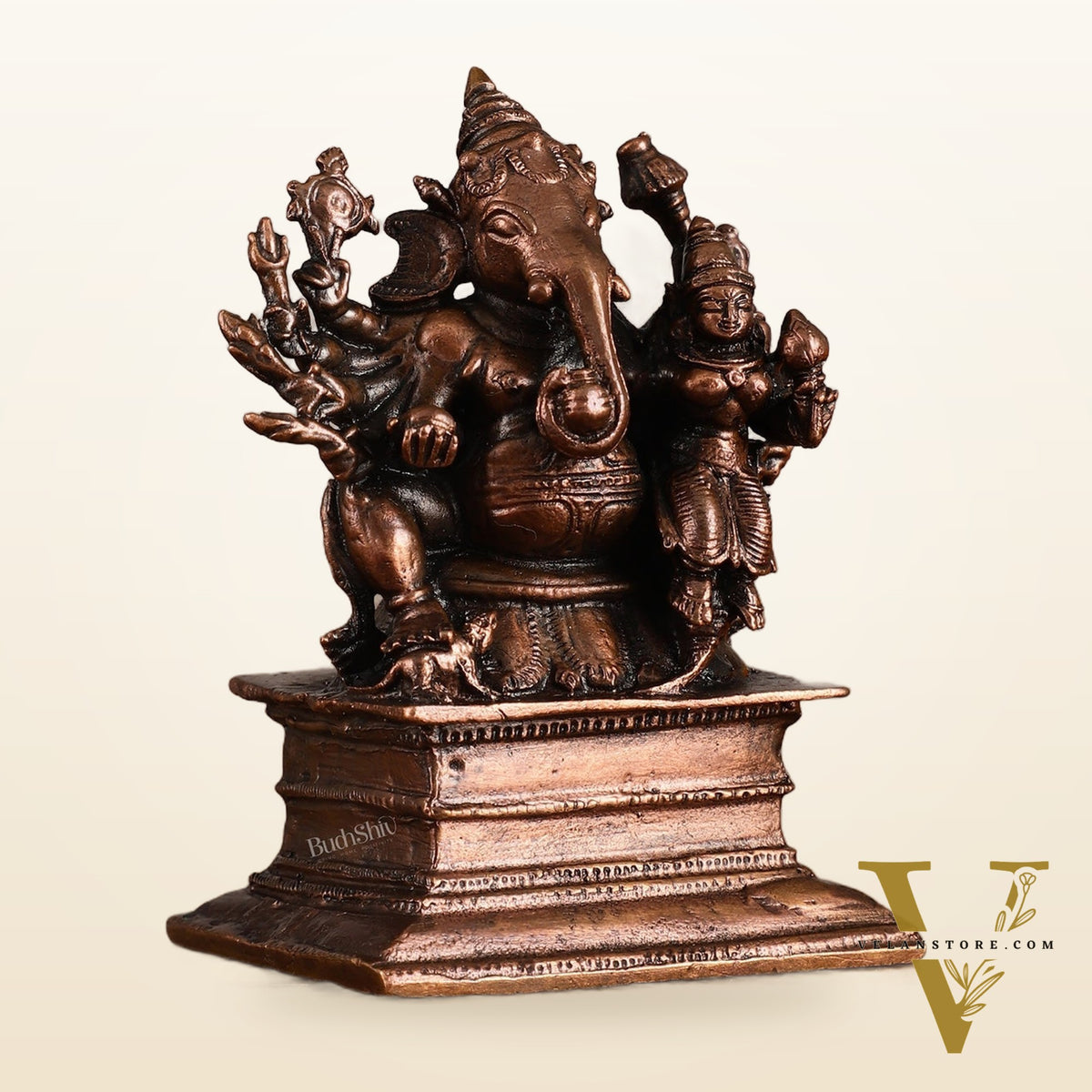 Pure copper Maha Ganapati Seated with Riddhi Idol - 3.5"
