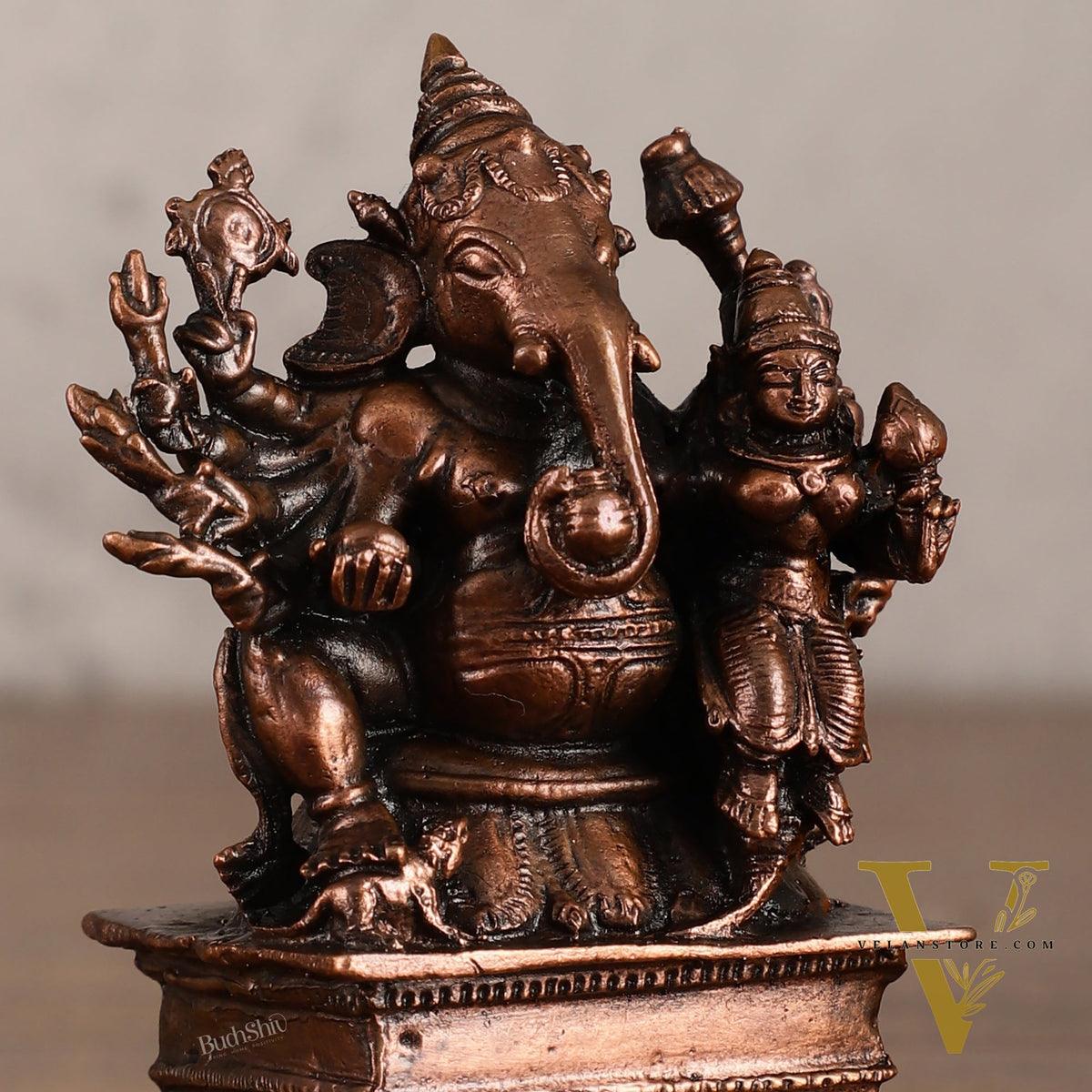 Pure copper Maha Ganapati Seated with Riddhi Idol - 3.5"