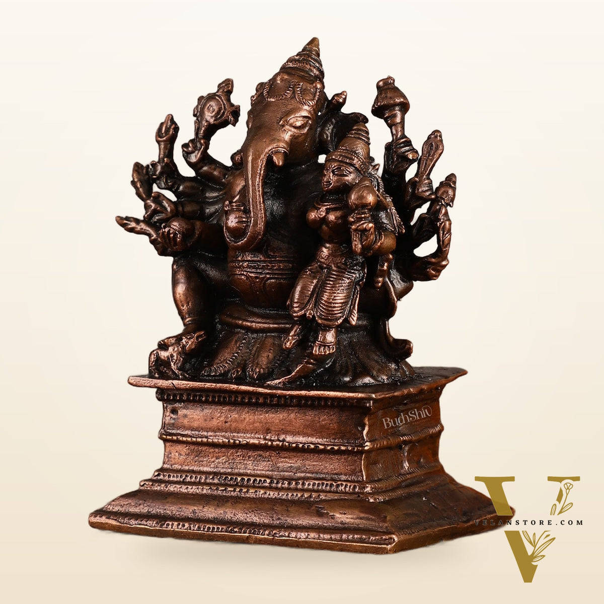 Pure copper Maha Ganapati Seated with Riddhi Idol - 3.5"