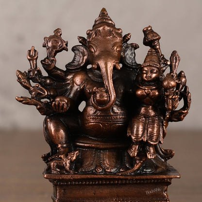 Pure copper Maha Ganapati Seated with Riddhi Idol - 3.5"